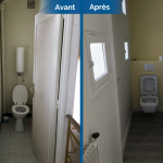 rénovation maison toilettes WC suspendu rectangulaire sol pvc effet parquet bois gris peinture Toulouse